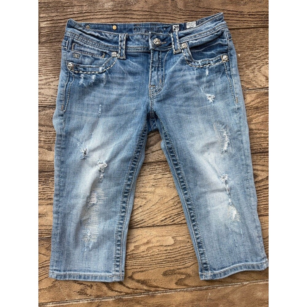 Miss Me Sz 29 Cropped Capri Jeans Blue Bling Flap Pockets Distressed Cross - BRI